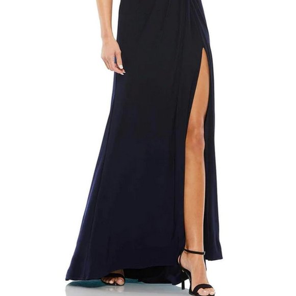Mac Duggal Navy Blue Crystal Belt Jersey Gown - Picture 2 of 5